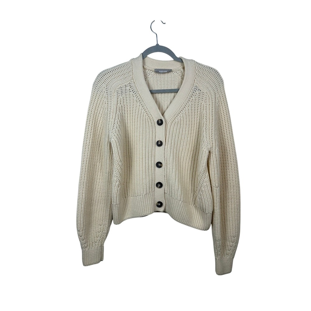 Everlane Cardigan Women Medium Cream Excellent Chunky Ribbed Cotton Blend V-Neck